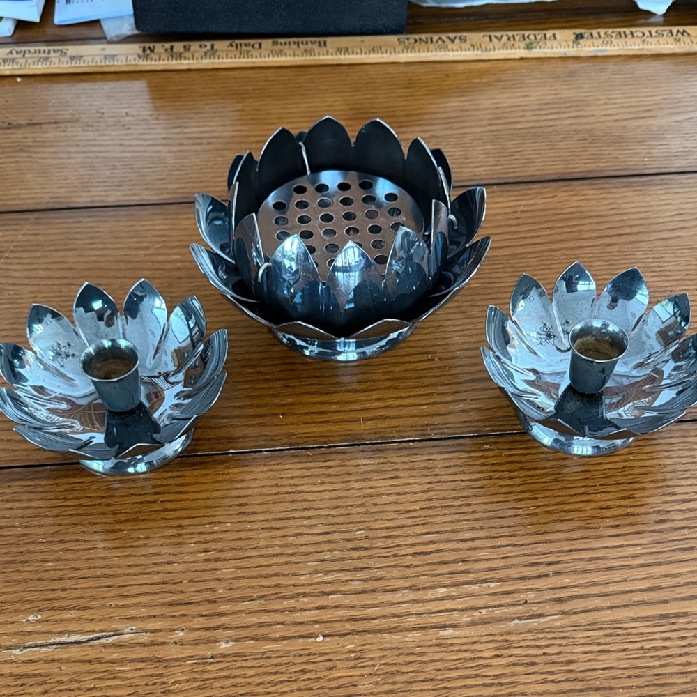 Reed & Barton Silverplate Lotus Floral Candle Holder Trio